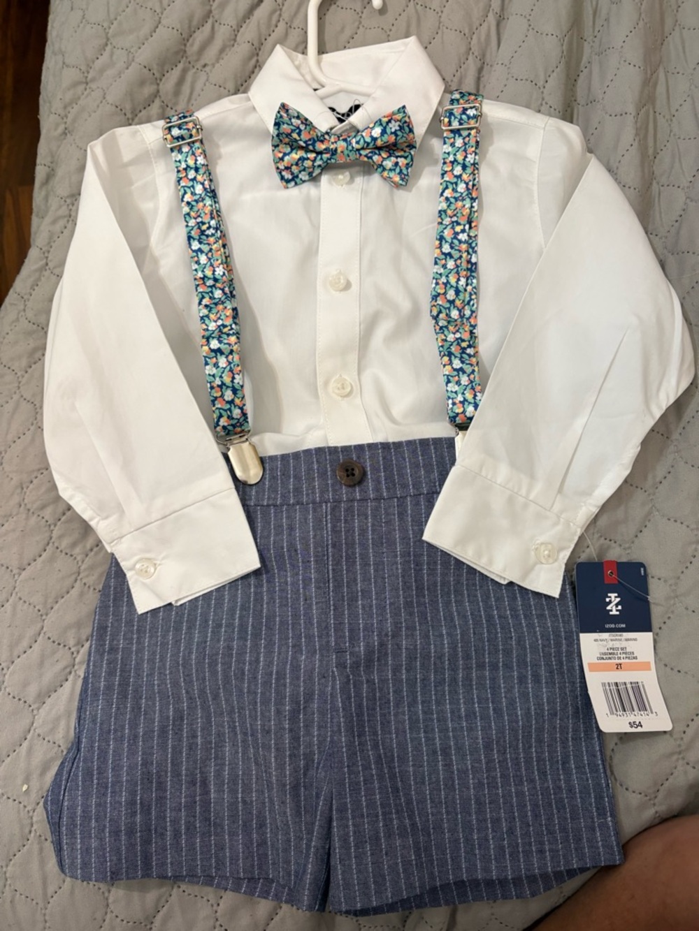 Izod White Shirt with Floral Teal & Orange Bow Tie and Suspenders Set 2T